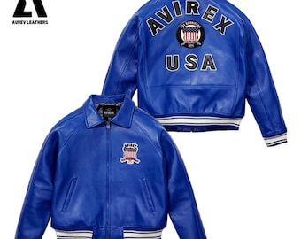 Chaqueta bomber Avirex azul nieve hecha a mano – Cuero vacuno genuino, estilo aviador clásico icónico de la moda urbana