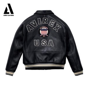 May include: Black leather jacket with white and cream striped cuffs and collar. The back features the word "AVIREX" in white lettering above a patch with the American flag and the word "USA". The jacket is a classic bomber style.