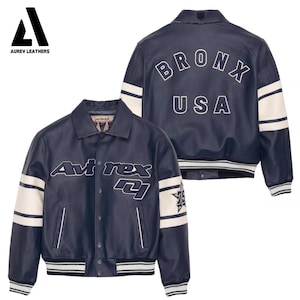 Handmade Cowhide Leather Avirex Bomber Jacket – Retro Flight Jacket Blue Bronx USA