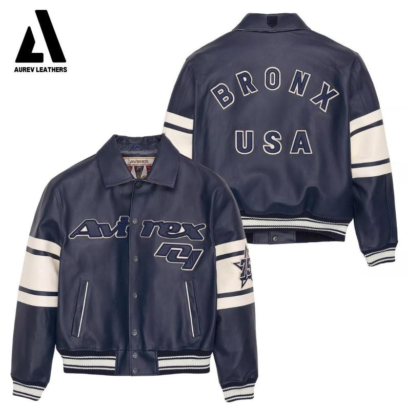 Handmade Cowhide Leather Avirex Bomber Jacket – Retro Flight Jacket Blue Bronx USA