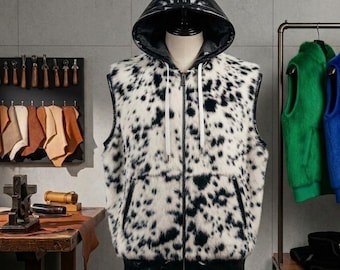 Echte Rindshaar-Weste | Braun Weiß Gefleckter Leder Hoodie Ärmellos Western Streetwear