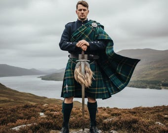 May include: A person wearing traditional Scottish attire, including a green and blue plaid kilt and matching shawl. The outfit is completed with a dark blue jacket, black boots, and a sword. The background features a lake and mountains under a cloudy sky.