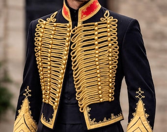 Men's Scottish Black Dolman Military Jacket Gold Braiding Hussar Jacket Available in Size 34" to 54"