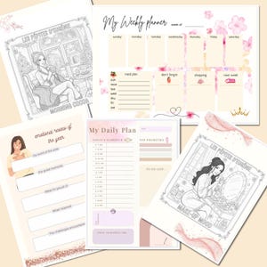Puede incluir: Un conjunto de páginas de planificador imprimibles con diseños florales e ilustrados. Incluye un planificador semanal, un plan diario y páginas de reflexión. Las páginas presentan texto como "My Weekly Planner" y "My Daily Plan."