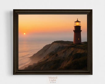 Leuchtturm-Sonnenaufgang-Druck, Gay-Kopf-Licht, neblige Küstenwandkunst, filmreife Seelandschaft, Ozean-Sonnenaufgang-Dekor