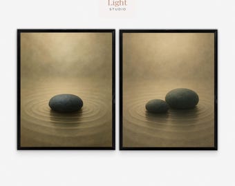 Minimalist Japandi Art – Zen Stone Print Set, Modern Neutral Posters, Set of 2