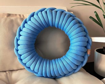 Chunky Knit Donut Pillow | Round Decorative Cushion | Hand Knitted Throw Pillow | Cozy Cotton Home Decor | Housewarming Gift
