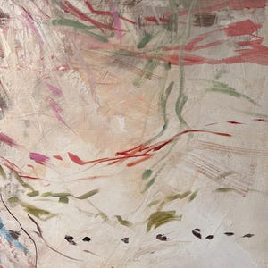 May include: An abstract painting on canvas featuring a light beige background with layered brushstrokes in shades of muted pink, sage green, and dark brown. The composition includes thin, directional lines and scattered dark spots across the surface.