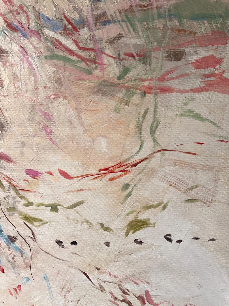 May include: An abstract painting on canvas featuring a light beige background with layered brushstrokes in shades of muted pink, sage green, and dark brown. The composition includes thin, directional lines and scattered dark spots across the surface.