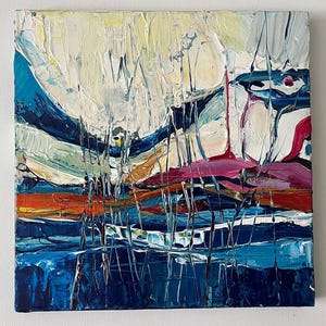 May include: Abstract oil painting with thick brushstrokes. The artwork features a landscape with blue, white, orange, and pink hues. Vertical lines add texture and depth to the composition, creating a dynamic visual experience.