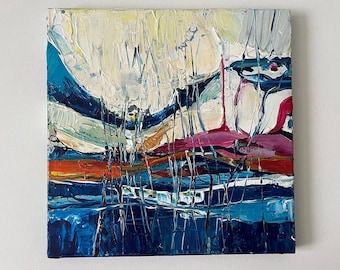 May include: Abstract oil painting with thick brushstrokes. The artwork features a landscape with blue, white, orange, and pink hues. Vertical lines add texture and depth to the composition, creating a dynamic visual experience.