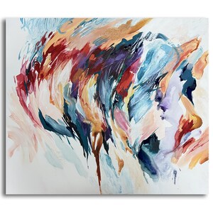 May include: Abstract painting on a white canvas. The artwork features dynamic brushstrokes in shades of red, blue, purple, orange, and yellow. The painting has a flowing, energetic composition, with a mix of thick and thin paint applications.