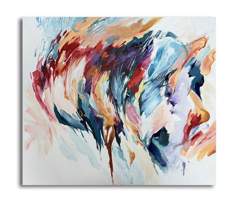 May include: Abstract painting on a white canvas. The artwork features dynamic brushstrokes in shades of red, blue, purple, orange, and yellow. The painting has a flowing, energetic composition, with a mix of thick and thin paint applications.