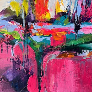 May include: Abstract painting with thick brushstrokes in vibrant colors. The artwork features a mix of pink, red, yellow, green, and blue hues, creating a textured and dynamic composition. The painting evokes a sense of energy and movement.