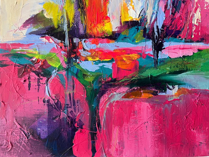 May include: Abstract painting with thick brushstrokes in vibrant colors. The artwork features a mix of pink, red, yellow, green, and blue hues, creating a textured and dynamic composition. The painting evokes a sense of energy and movement.