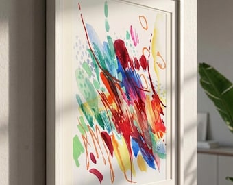 Puede incluir: Una pieza de arte mural enmarcada que presenta una pintura abstracta en acuarela sobre un fondo blanco. La obra muestra pinceladas vibrantes y enérgicas en tonos rojo, azul, amarillo y verde, con puntos dispersos y detalles de líneas curvas.