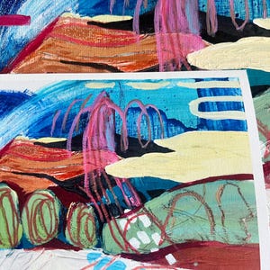 May include: An abstract painting on canvas featuring layered brushstrokes in shades of blue, pink, cream, and green. The composition includes bold horizontal lines, circular shapes, and textured paint applications that create a dynamic visual depth.