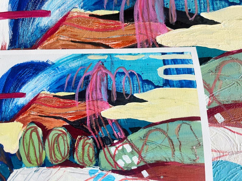 May include: An abstract painting on canvas featuring layered brushstrokes in shades of blue, pink, cream, and green. The composition includes bold horizontal lines, circular shapes, and textured paint applications that create a dynamic visual depth.