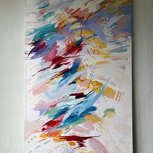 Puede incluir: Pintura abstracta sobre lienzo con fondo blanco. La obra presenta pinceladas din&aacute;micas en tonos azules, rojos, amarillos y rosas. La composici&oacute;n incluye &aacute;reas texturizadas y una variedad de formas, creando una pieza vibrante y expresiva.