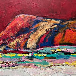 May include: Abstract landscape painting with thick brushstrokes. The artwork features a vibrant color palette of red, orange, blue, yellow, and pink. The textured surface creates a dynamic and expressive visual effect, evoking a sense of depth and movement.