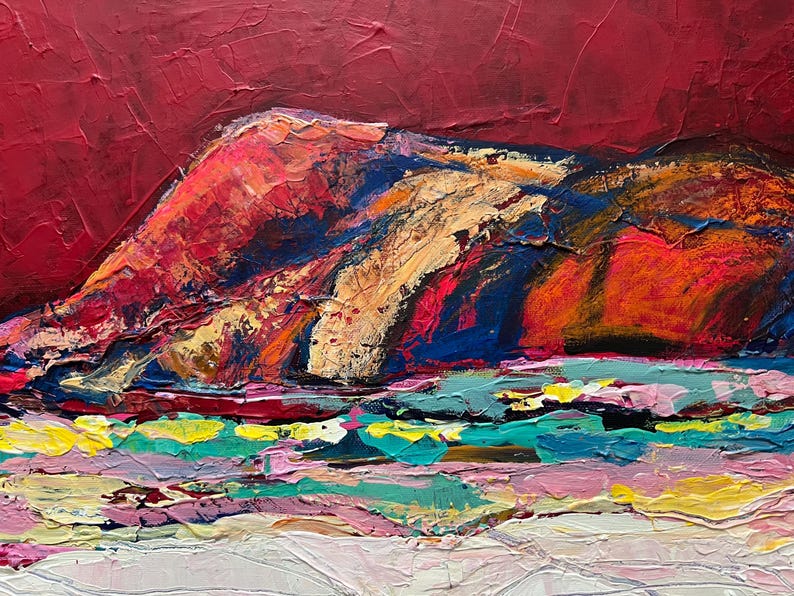 May include: Abstract landscape painting with thick brushstrokes. The artwork features a vibrant color palette of red, orange, blue, yellow, and pink. The textured surface creates a dynamic and expressive visual effect, evoking a sense of depth and movement.