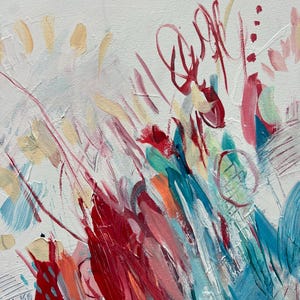 May include: An abstract painting on canvas featuring a white background with expressive, layered brushstrokes in shades of deep red, bright turquoise, soft peach, and light blue. The composition includes thin, scribbled lines and circular marks.