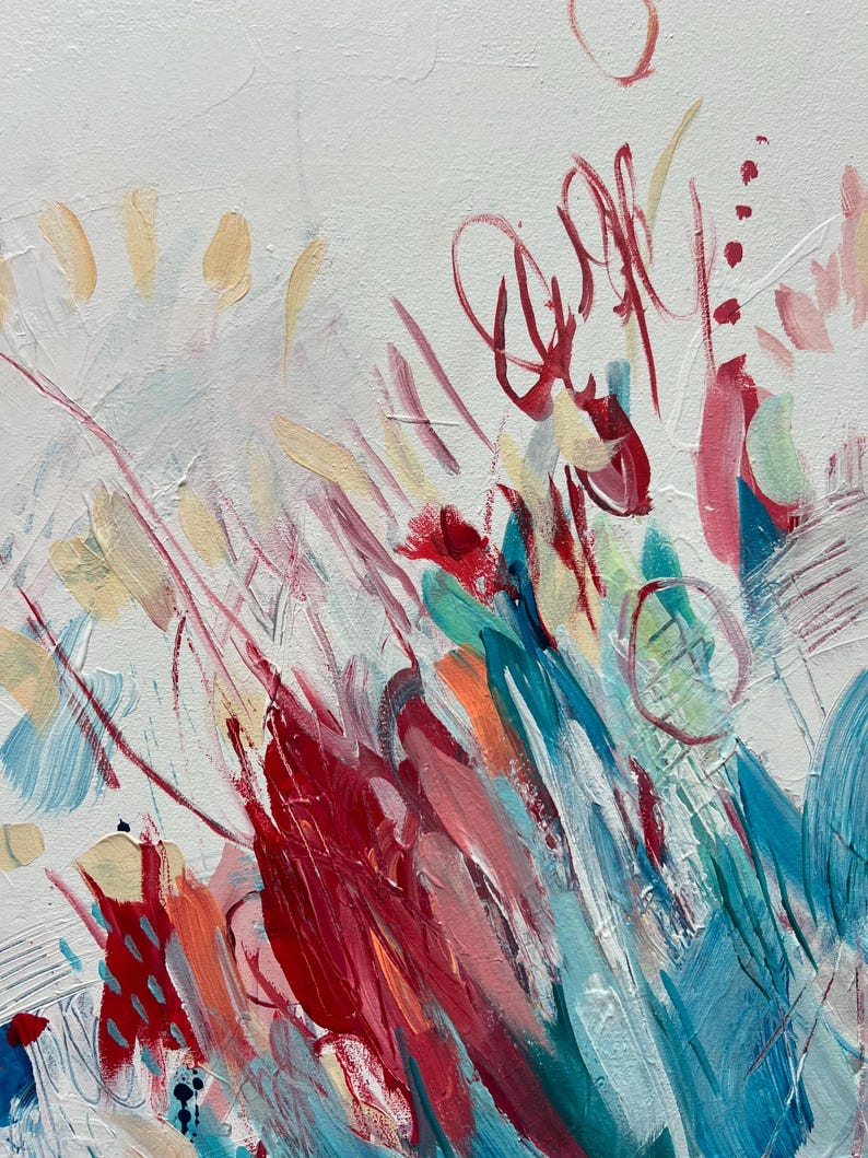 May include: An abstract painting on canvas featuring a white background with expressive, layered brushstrokes in shades of deep red, bright turquoise, soft peach, and light blue. The composition includes thin, scribbled lines and circular marks.