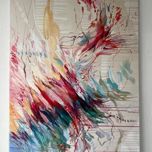 May include: Abstract painting with a beige background and colorful brushstrokes. The artwork features a dynamic composition of red, pink, blue, and yellow hues, with white and brown accents. The painting has a textured appearance and a modern aesthetic.
