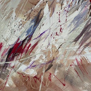 May include: Abstract painting with textured brushstrokes in shades of white, beige, red, purple, and black. The artwork features diagonal lines and splatters, creating a dynamic and expressive composition. The painting's style is modern and evokes a sense of movement.