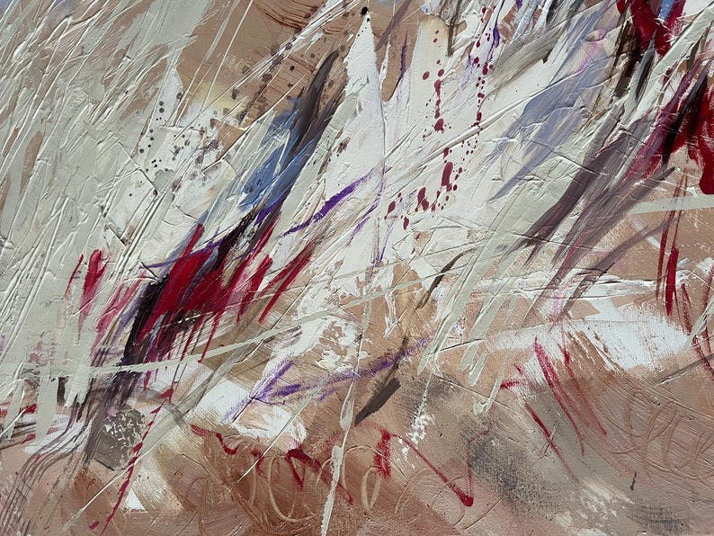 May include: Abstract painting with textured brushstrokes in shades of white, beige, red, purple, and black. The artwork features diagonal lines and splatters, creating a dynamic and expressive composition. The painting's style is modern and evokes a sense of movement.