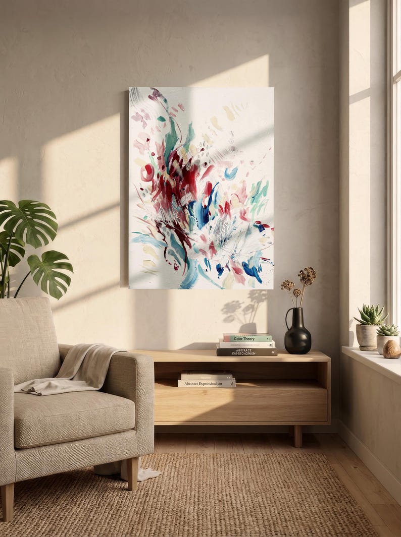 Op de afbeelding: Een verticaal rechthoekig canvas met een abstract schilderij met expressieve penseelstreken in tinten diep rood, marineblauw, taling en zachtroze tegen een witte achtergrond, tentoongesteld als wanddecoratie in een lichte ruimte.