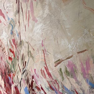 May include: An abstract oil painting on canvas featuring a textured, neutral beige background layered with energetic, vertical brushstrokes in shades of deep red, soft pink, muted green, and bright blue, creating a dynamic and layered composition.