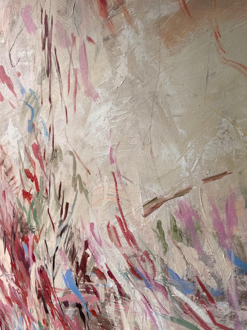 May include: An abstract oil painting on canvas featuring a textured, neutral beige background layered with energetic, vertical brushstrokes in shades of deep red, soft pink, muted green, and bright blue, creating a dynamic and layered composition.