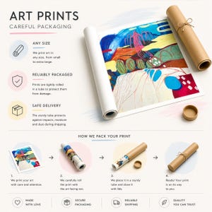 May include: An art print with abstract blue, red, and yellow shapes is shown partially rolled. A brown cardboard tube with a string tie is displayed alongside the print. The image includes text detailing packaging steps and quality assurance.