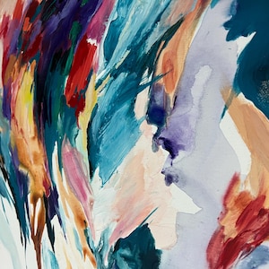 May include: Abstract painting with a vibrant mix of colors. The artwork features brushstrokes in shades of red, blue, yellow, purple, and pink. The painting has a textured appearance, with visible brush marks and a dynamic composition.