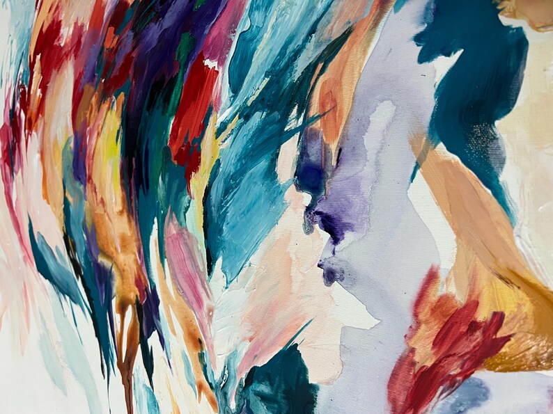 May include: Abstract painting with a vibrant mix of colors. The artwork features brushstrokes in shades of red, blue, yellow, purple, and pink. The painting has a textured appearance, with visible brush marks and a dynamic composition.