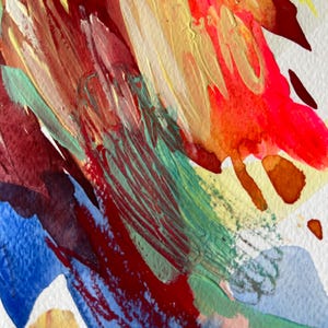 May include: An abstract painting on textured paper featuring bold, layered brushstrokes in vibrant shades of crimson red, bright yellow, deep blue, and soft mint green. The composition displays thick, visible paint textures and overlapping colors.