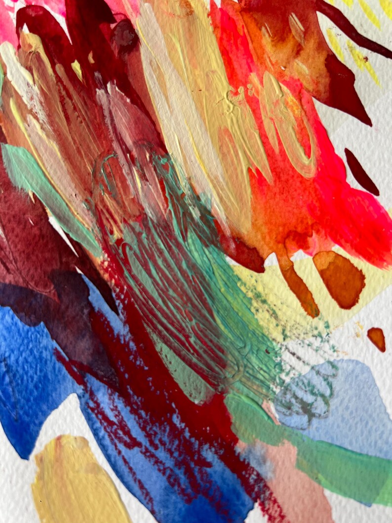 May include: An abstract painting on textured paper featuring bold, layered brushstrokes in vibrant shades of crimson red, bright yellow, deep blue, and soft mint green. The composition displays thick, visible paint textures and overlapping colors.