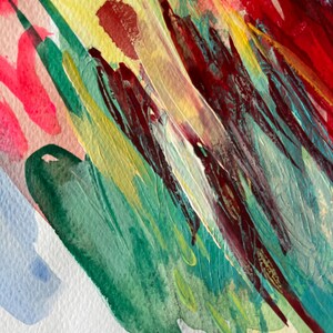 May include: An abstract painting on textured paper featuring bold, layered brushstrokes in vibrant shades of red, deep burgundy, forest green, bright yellow, and soft blue. The composition displays thick, visible paint textures and fluid color blends.