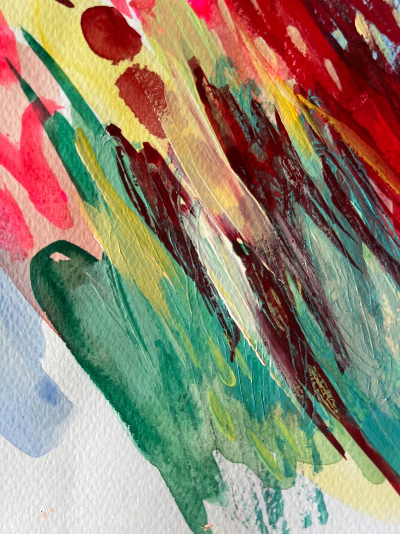 May include: An abstract painting on textured paper featuring bold, layered brushstrokes in vibrant shades of red, deep burgundy, forest green, bright yellow, and soft blue. The composition displays thick, visible paint textures and fluid color blends.