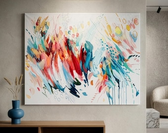 Original Abstract Acrylic Painting | Red Turquoise Contemporary Wall Art (31.5" x 39.4")