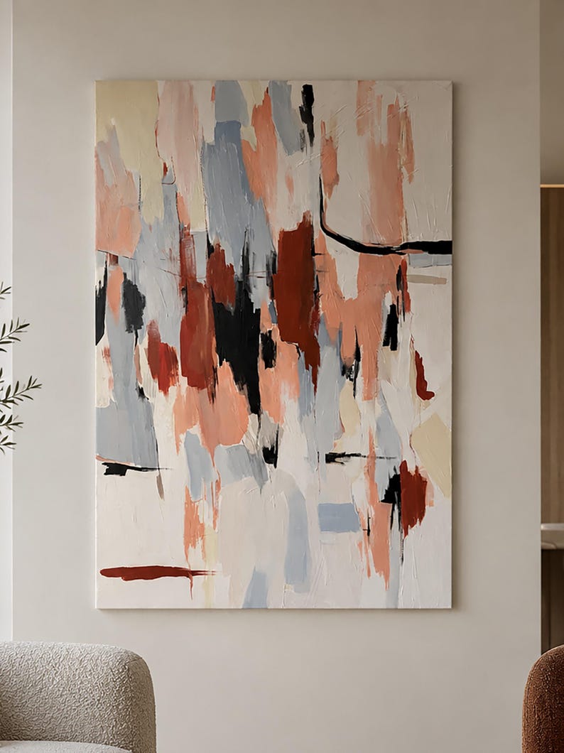 May include: A large rectangular canvas painting featuring an abstract composition of vertical brushstrokes. The colour palette consists of muted peach, soft grey, deep terracotta red, and stark black accents layered over a creamy off-white background.