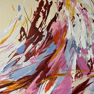 May include: Abstract painting with a cream-colored background and bold brushstrokes in shades of red, pink, white, blue, and yellow. The artwork features a textured, layered effect, creating a dynamic and expressive composition.