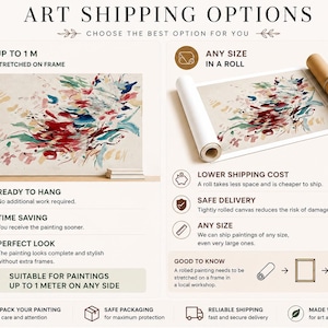 Op de afbeelding: Een infographic getiteld ART SHIPPING OPTIONS met twee keuzes voor canvas kunst. Links is een schilderij op een frame te zien. Rechts is een canvas opgerold in een koker afgebeeld. Iconen en tekst leggen de voordelen van elke methode uit.