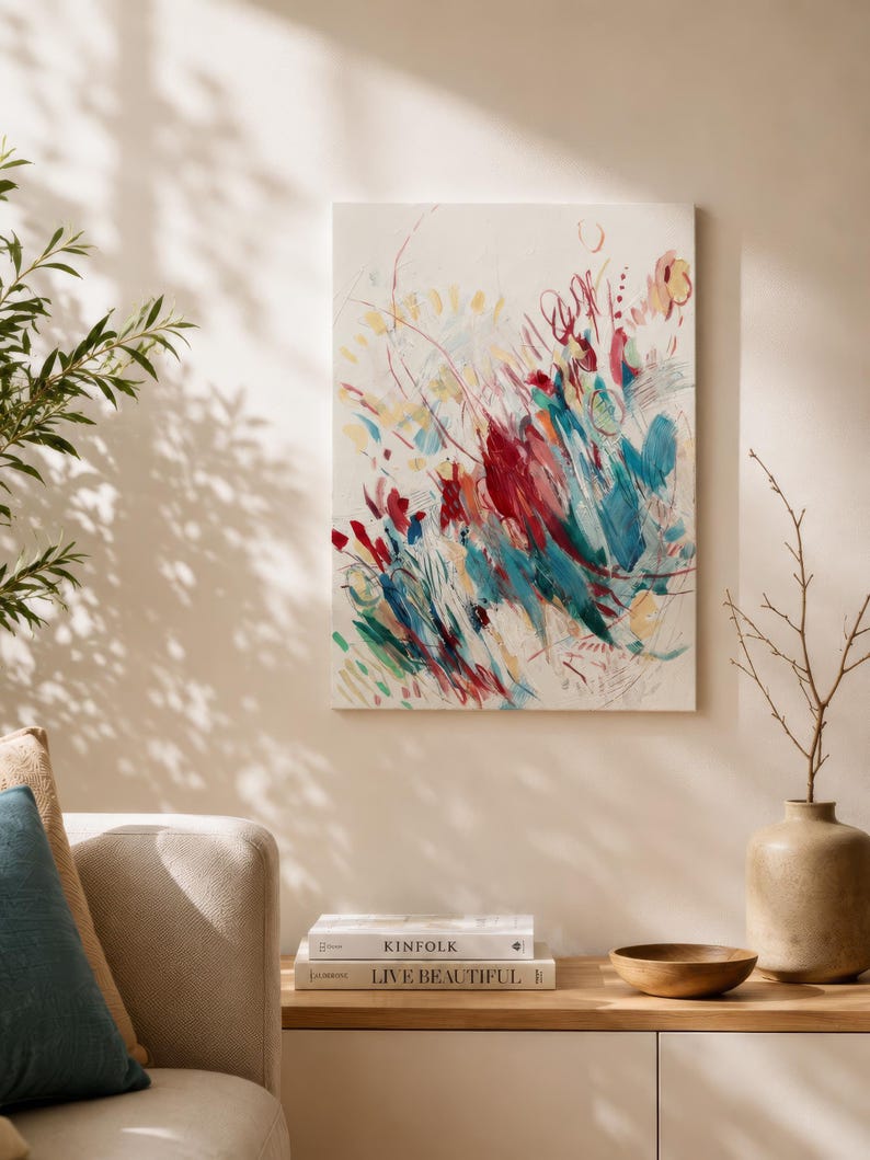 May include: A rectangular canvas wall art piece featuring an abstract painting with energetic brushstrokes in shades of deep red, teal, turquoise, and soft yellow on a cream-colored background, displayed vertically on a plain wall.