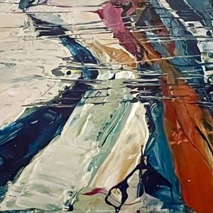 May include: Abstract painting with thick brushstrokes in shades of white, blue, orange, and pink. The textured surface creates a sense of depth and movement. The artwork appears to be an original piece, showcasing a modern art style.