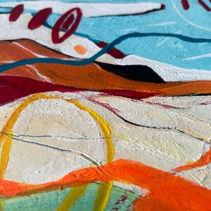 May include: Abstract painting with a textured surface. The artwork features a landscape with layers of color, including orange, red, blue, and white. Bold brushstrokes and curved lines create a dynamic composition. The painting evokes a sense of depth and movement.