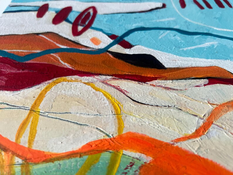 May include: Abstract painting with a textured surface. The artwork features a landscape with layers of color, including orange, red, blue, and white. Bold brushstrokes and curved lines create a dynamic composition. The painting evokes a sense of depth and movement.
