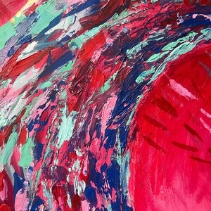 May include: Abstract painting with thick brushstrokes in shades of red, pink, blue, green, and purple. The artwork features a textured surface with visible paint layers, creating a dynamic and expressive composition. The colors blend and overlap, forming a vibrant and energetic visual experience.