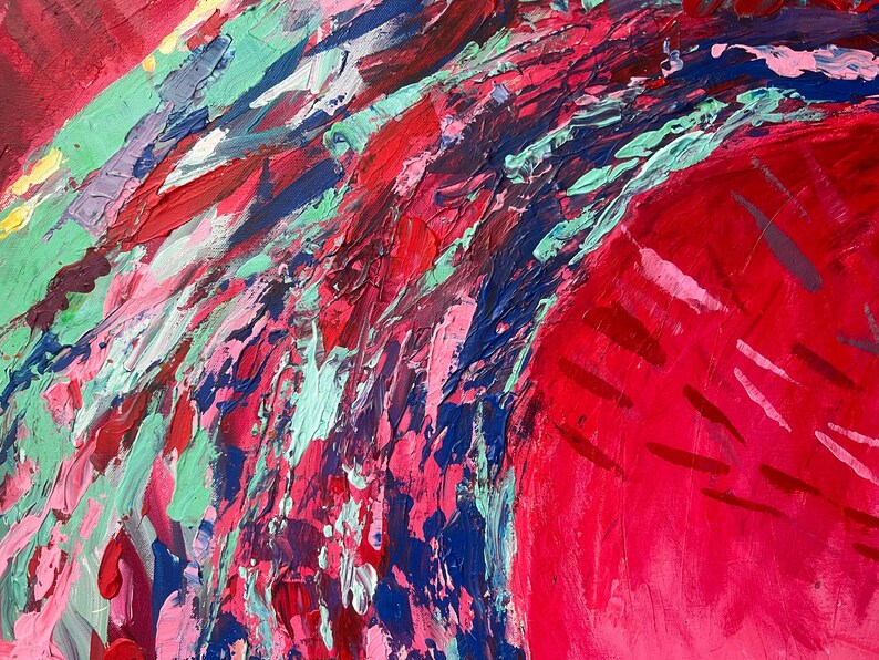 May include: Abstract painting with thick brushstrokes in shades of red, pink, blue, green, and purple. The artwork features a textured surface with visible paint layers, creating a dynamic and expressive composition. The colors blend and overlap, forming a vibrant and energetic visual experience.